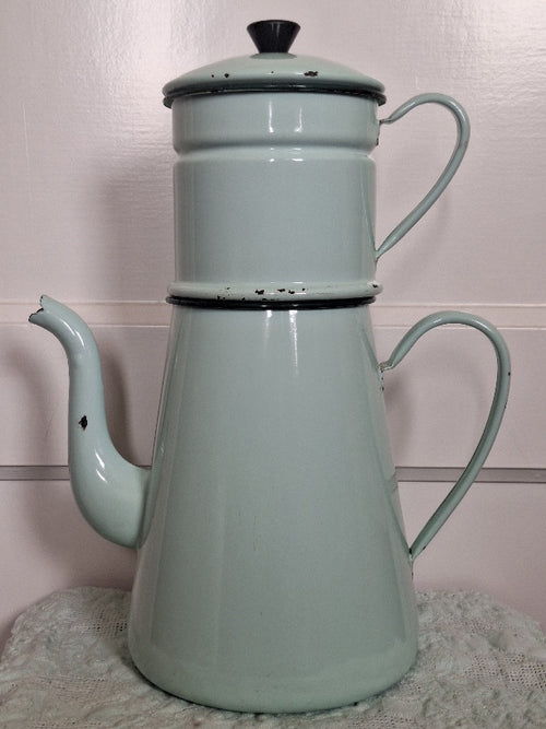 Brocante Franse Emaille Koffiepot Met Filter Mintgroen